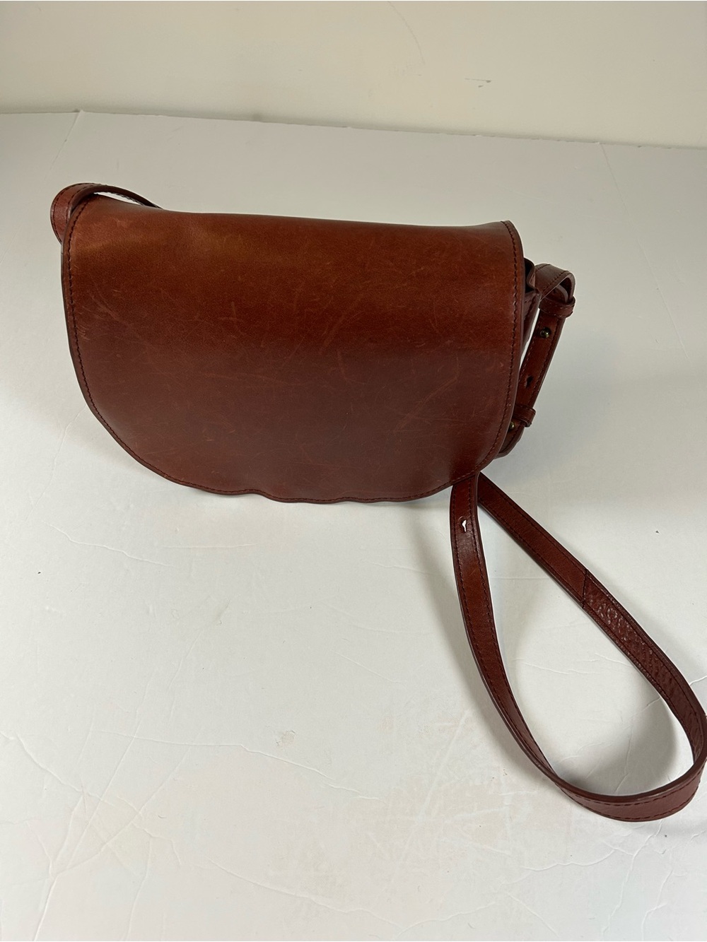 L.L. Bean Brown Cognac Genuine Leather Saddle Crossbody Bag